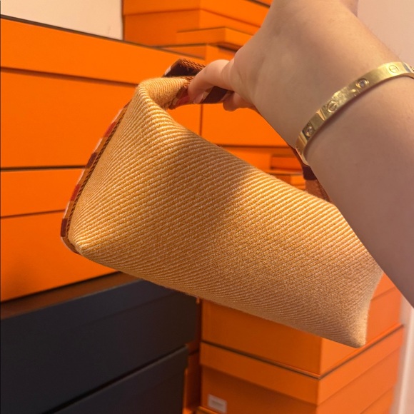 Hermes Tan Cosmetic Bag with Red Handle - Picture 3 of 10